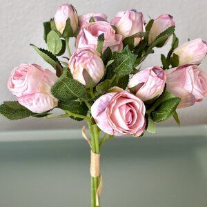13 1/4" Pastel Pink 12 Bud Faux Artificial Roses Rosebuds Flower Bundle Bouquet